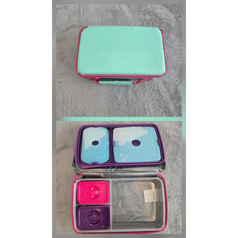 New Bento Lunch Box with 3 Containers Pink and Teal with Ice Packs